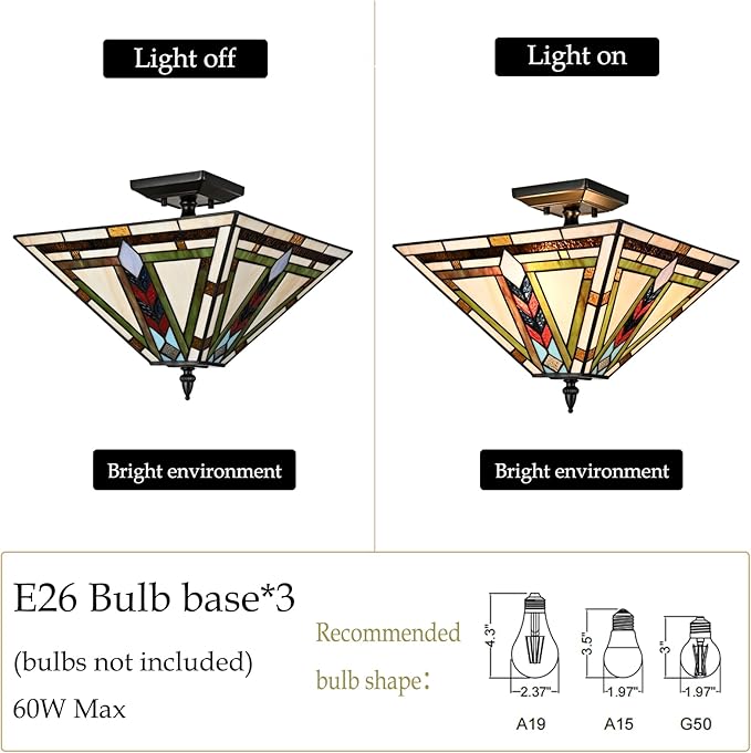 DANSEER Stained Glass Ceiling Light 3-Light Tiffany Style Semi Flush Mount Light Vintage Ceiling Light Fixture with Glass Copper Shade for Hallway Bedroom Living Room Entryway