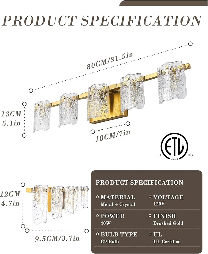 5-Light Bathroom Vanity Lights, 31" Brushed Gold Bathroom Light Fixtures Over Mirror with Clear Glass, Modern Bath Wall Sconce Lighting for Bath Restroom, OS-MM5002-5BG