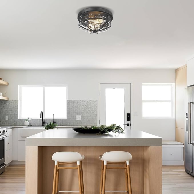Darkaway 15inch Ceiling Light Fixtures Large Flush Mount Light Fixtures with Water Ripple Glass Shade, Indoor Outdoor Ceiling Light for Kitchen Bathroom Bedroom Hallway Entry Porch