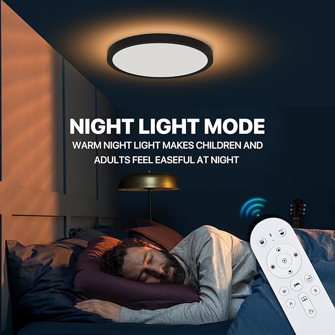 2Pack Dimmable LED Flush Mount Ceiling Light Fixture with Remote Control, 24W 2400LM, 12Inch, 2000K Warm Night Light & 3000K-6500K, Modern Super Slim Ceiling Lamp for Bedroom Kitchen, Black