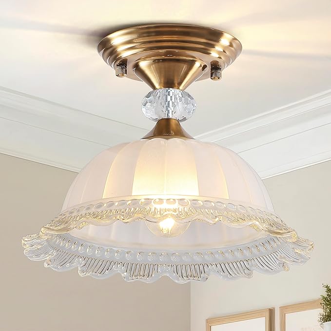 10.6" Milk Glass Semi Flush Mount Light Fixture Brass Gold Modern Hallway Light Vintage Close to Ceiling Light for Bedroom Entryway Kitchen Sink Porch