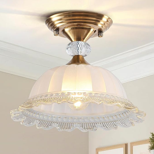 10.6" Milk Glass Semi Flush Mount Light Fixture Brass Gold Modern Hallway Light Vintage Close to Ceiling Light for Bedroom Entryway Kitchen Sink Porch