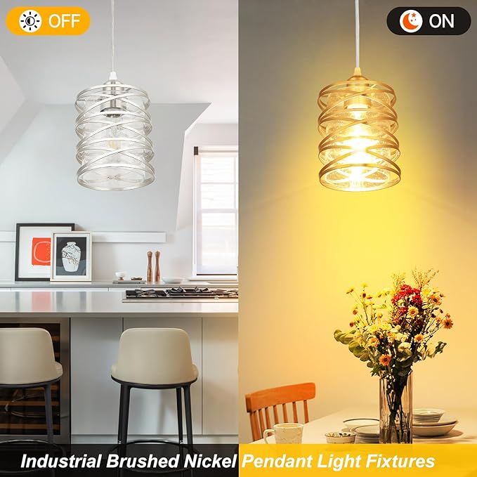 Brushed Nickel Pendant Light for Kitchen Island, Spiral Iron Pendant Light Fixtures with Seeded Glass Shade, Adjustable Height Hanging Pendant Lighting for Dining Room Hallway Kitchen Foyer