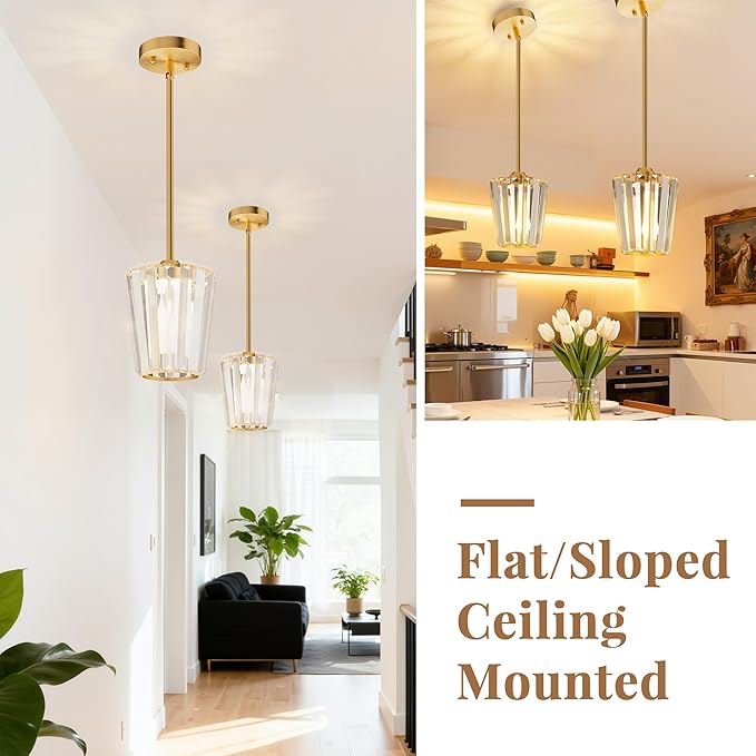 Crystal Pendant Lights Kitchen Island 2 Pack, Modern Gold Pendant Light Fixtures Mini Adjustable Chandeliers for Kitchen Island Dinning Room Bedroom Hallway with E26 Base (Bulbs Not Included)