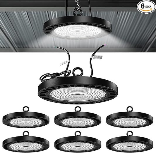 Sunco 6 Pack UFO High Bay LED Lights, 21000 Lumens, 6000K Daylight White, 150W, 120-277V Dimmable Ultra Bright Ceiling Shop Lights - UL, DLC, FCC, RoHS