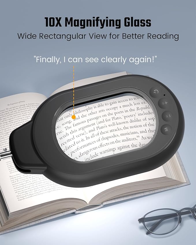 10X Magnifying Desk Lamp with Real Glass Lens Stepless Dimmable, 5 Color Modes, Hands-Free Clamp & Base, Adjustable Swing Arm for Reading, Crafting & Close Work – Black
