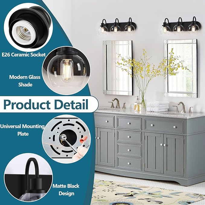 Dpyrrhic Bathroom Vanity Light,Modern 3-Light Bathroom Lighting Fixtures Over Mirror with Clear Glass Shade and Metal Base,Matte Black Bathroom Lighting