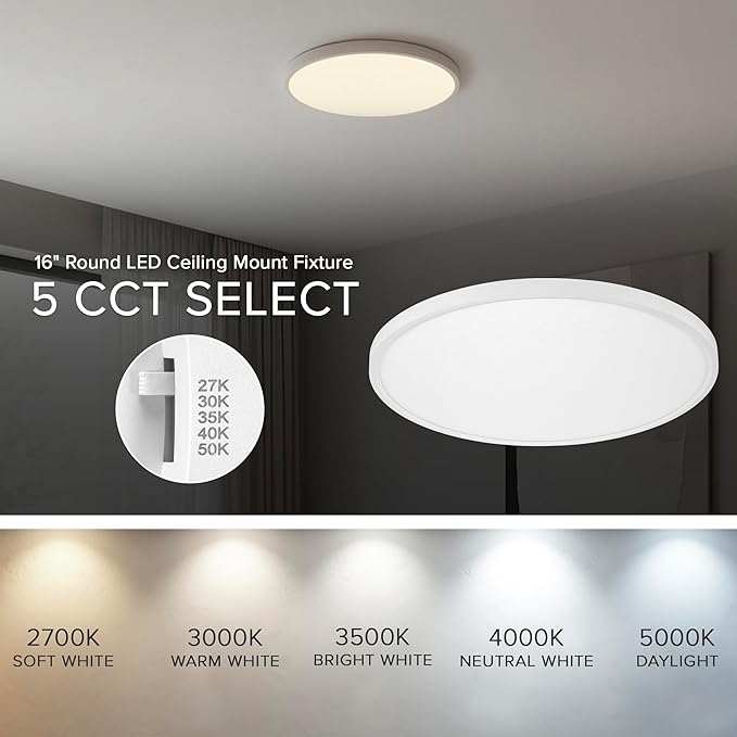 Maxxima 16 in. LED Flush Mount Ceiling Light, 3500 Lumens, 5 CCT 2700K/3000K/3500K/4000K/5000K Panel Light, White Trim Round Fixture, Dimmable for Modern Bedroom, Kitchen, and Living Room Lighting