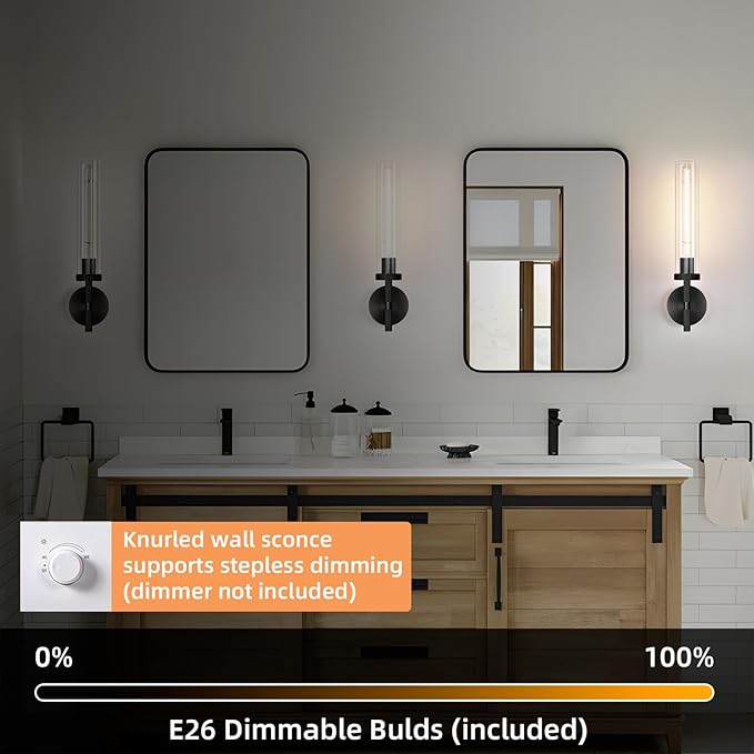 Modern Black Hardwired Wall Sconces, 20'' Knurled Bathroom Wall Sconce, Indoor Wall Sconce,Copper and Glass Vanity Light, for Living,Bedroom, Hallway, Staircases, Include Bulbs