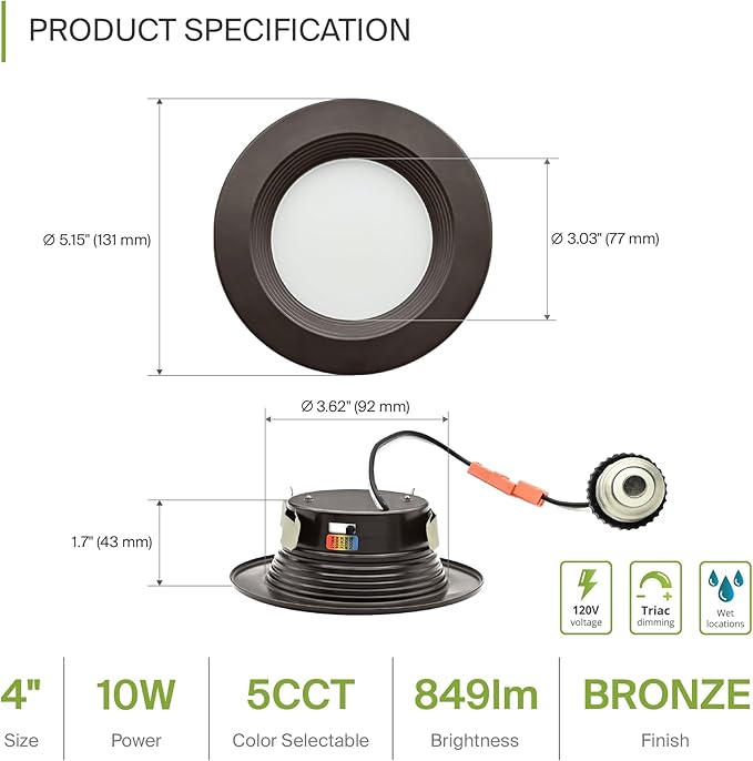 ASD 12 Pack Bronze 4 Inch Retrofit LED Recessed Light - 10W 2700K-5000K 849LM Retrofit LED Recessed Lighting 4 Inch, Dimmable Bronze Recessed Lights, Wet Rated Baffle Trim Can Lights, ETL, Energy Star