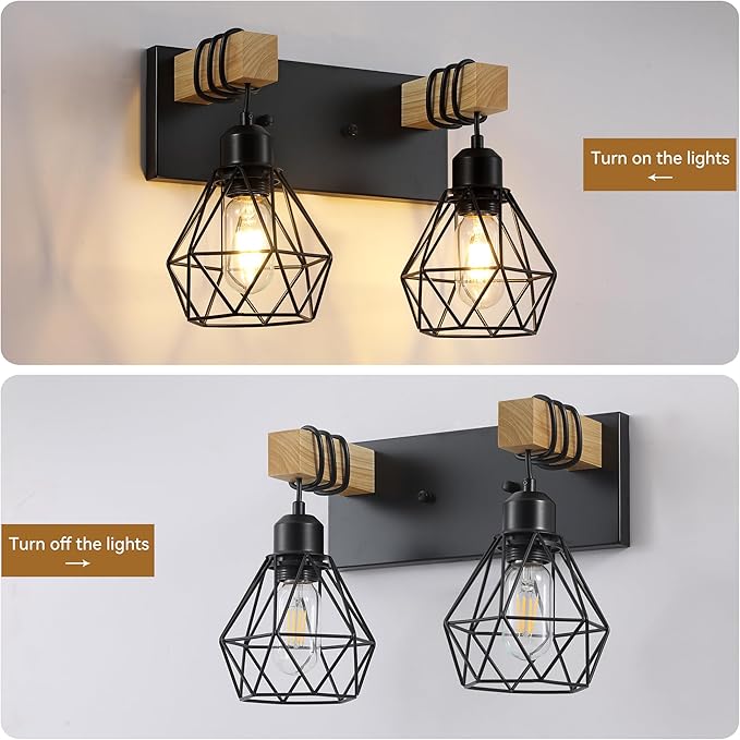 Farmhouse Vanity Light for Bathroom, 2-Light Wood Bathroom Vanity Light Fixtures Over Mirror, Rustic Sconces Wall Lighting with Metal Lampshade for Living Room, Bedroom, Hallway
