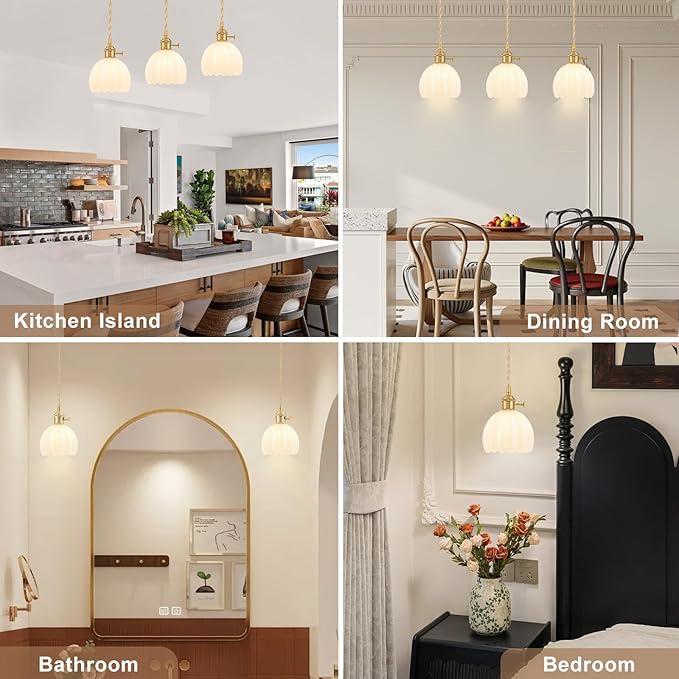 Mini Pendant Lights Kitchen Island, Small Adjustable Pendant Light Fixture with Milk White Tulip Glass Lampshade, Vintage Gold Pendant Lighting, Pendant Light for Bedroom Dining Room Hallway