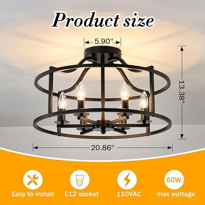 UOFUS Black Farmhouse Chandelier 6-Light Metal Dining Room Light Fixture Modern Industrial Semi Flush Mount Ceiling Light Fixture for Kitchen Island Bedroom Entryway Hallway Foyer E12 Base