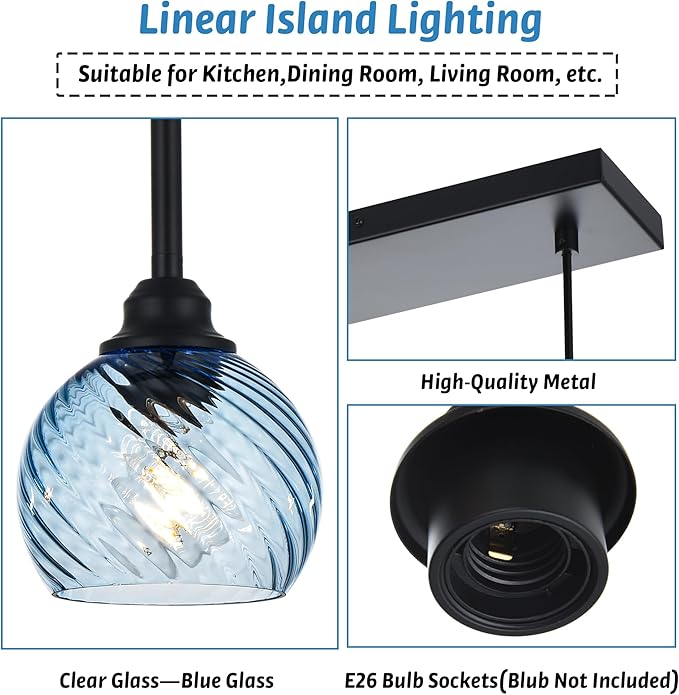 3 Light Island Lights for Kitchen with Striped Swirl Globe Glass, Black Linear Hanging Pendant Light Fixture Farmhouse Chandelier for Dining Room Bar Living Room