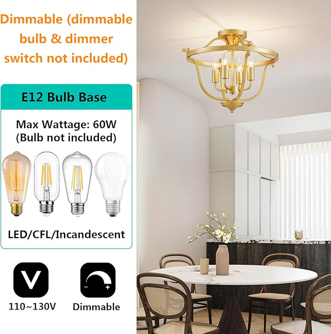 Modern 4-Light Vintage Antique Candle Chandelier Ceiling Light, Gold Ceil Light Fixture for Dining Room, Living Room, Bedroom, Farmhouse Style, Maria Theresa Style, D17.3*H15 inch