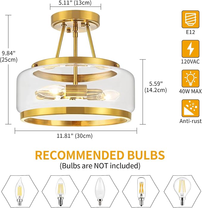 11.81" Gold Semi Flush Mount Ceiling Light Modern Glass Drum Ceiling Light Fixture 3-Light Ceiling Lights for Hallway Entryway Bedroom Kitchen Dining Room Laundry Room Close to Ceiling Light Fixtures