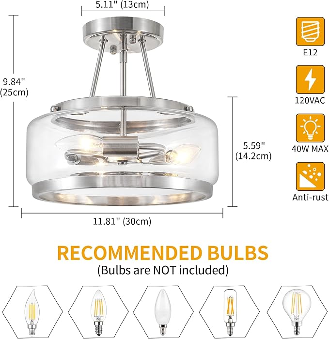 Brushed Nickel Modern Glass Ceiling Light, 3-Light Drum Semi Flush Mount Ceiling Light , Entryway Light Fixture, 11.81" Ceiling Lamp for Hallway Bedroom Laundry Room Dining Room Kitchen Light Fixtures