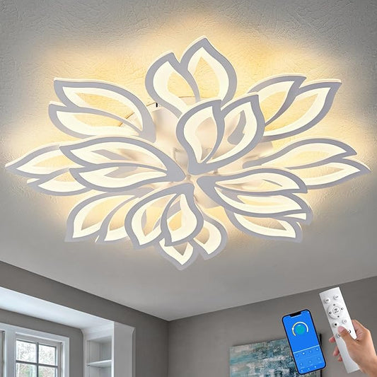 HuixuTe Modern White Flower Ceiling Light Fixture, 30 Inch Dimmable Flush Mount with 12 Leaves, Low Profile for Living Room, Dining Room, Bedroom