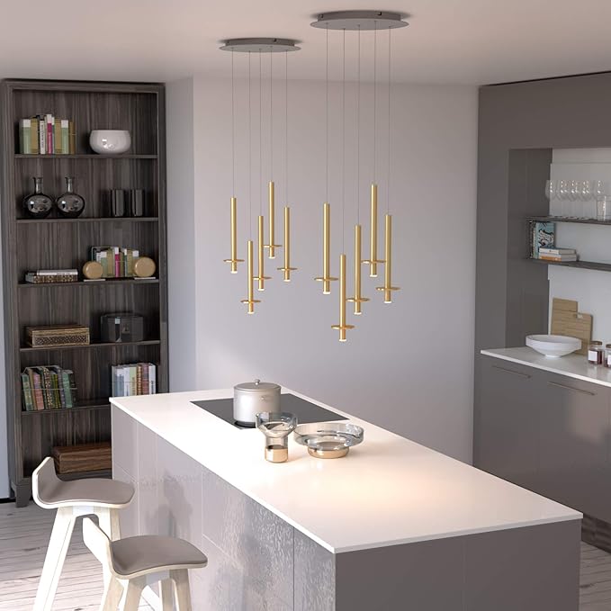 Draco 5 Pendant Lighting Brass – LED Hanging Light Fixture for Kitchen Island, Bar, Foyer – Equilateral Cluster of Mini Metal Rod Pipe Tube Cylinders – Dimmable, Adjustable Wire, Lamp Bulb Included