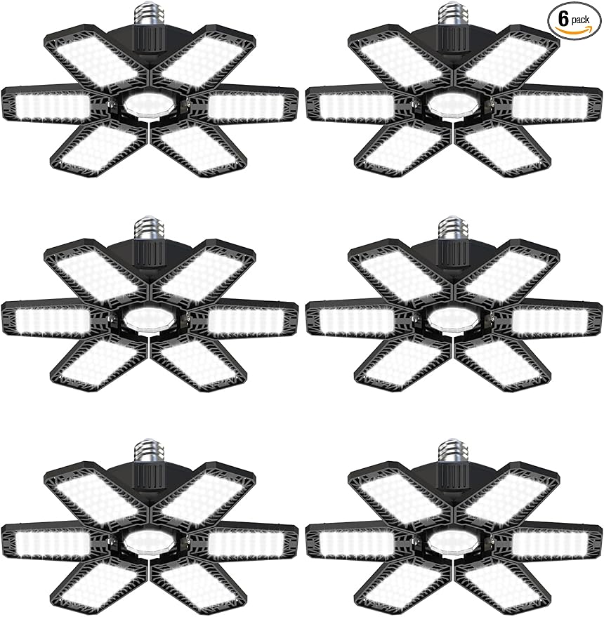 LED Garage Lights 6 Pack - 180W 18000LM Garage Lights Ceiling LED with 6 Deformable Panels, 6500K Shop Lighting Screw into E26 E27 Bulb Socket, for Workshop Barn Basement Gym Warehouse