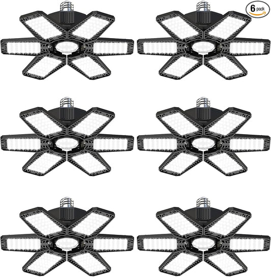 LED Garage Lights 6 Pack - 180W 18000LM Garage Lights Ceiling LED with 6 Deformable Panels, 6500K Shop Lighting Screw into E26 E27 Bulb Socket, for Workshop Barn Basement Gym Warehouse