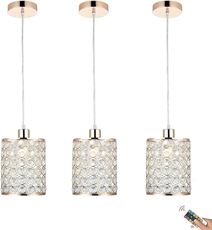 Battery Operated Pendant Lights with Remote 3 Packs, Rechargeable Pendant Light Not Hardwired,Crystal Glass Chandelier Cordless Ceiling Hanging Lamp for Kitchen Island Dining Room Table
