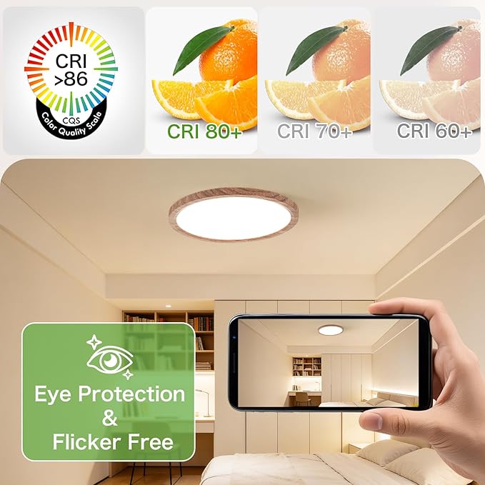 Kimjo 12 Inch 24W Modern Flush Mount Ceiling Light, 3 Color Temperature Walnut Wood Grain Flat Ceiling Light Fixture Led Light for Bedroom Kitchen Bathroom Hallway