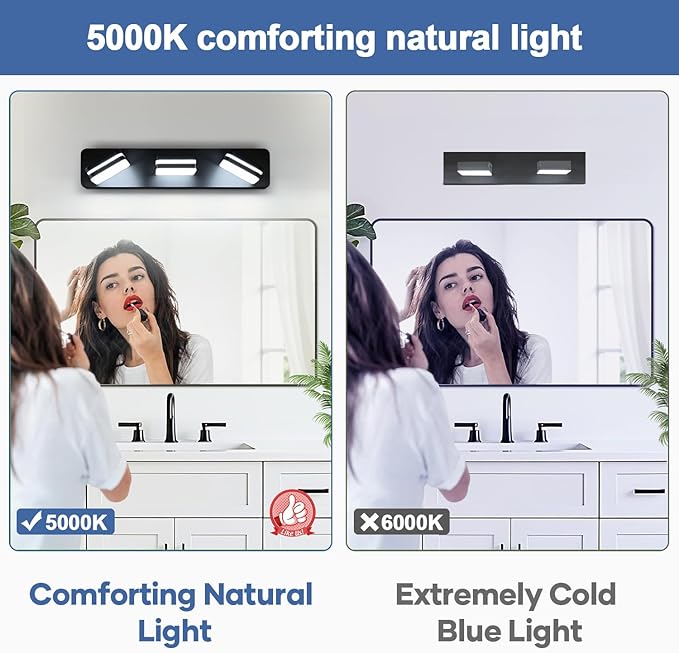360° Rotate LED Bathroom Vanity Light Fixtures, 1300LM Acrylic Matte Black Vanity Lights for Bathroom, Modern Wall Lighting Fixtures Over Mirror Kitchen Living Room Hallway (Natural White Light 5000K)