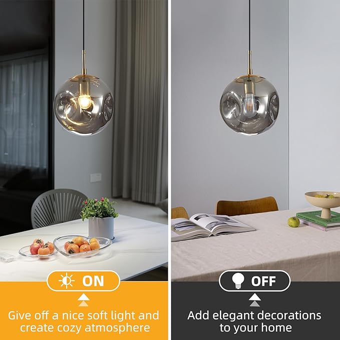 Modern Smoke Gray Concave Glass Pendant Light, 2-Pack Kitchen Island Lighting Single Globe Pendant Light Fixtures Century Kitchen Island Pendant Light for Bedroom Dining Room Light (Without Bulbs)