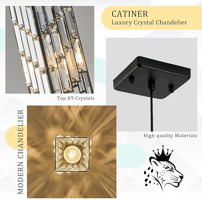 CATINER Black Crystal Pendant Light, Mini Hanging Light Fixture with Adjustable Cord, Modern Industrial Pendant Lighting for Kitchen Island, Dining Room, Bedroom, Hallway, E26 Base (1 Pack)