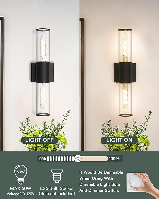 Black Vanity Light Set of 2, 2 Light Modern Bathroom Light Fixtures Over Mirror with Clear Glass Shade, Up and Down Indoor Wall Sconce for Bathroom Bedroom Hallway, VL834-MB-2PK