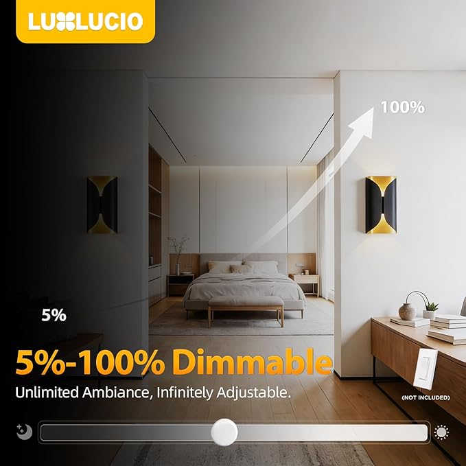 Black & Gold Aluminum LED Wall Sconces, IP65 Waterproof Indoor Outdoor Wall Lights, 1200LM 12W 120V CRI90+ 2700K-5000K 5CCT Dimmable, ETL FCC Listed for Bedroom Living Room Porch Hallway