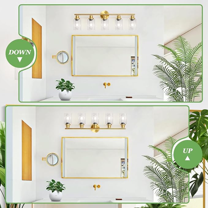 5-Light Bathroom Vanity Lights, E26 Modern Brushed Gold Bathroom Light Fixtures with Clear Glass Shade, Mirror Kitchen Hallway Cabinet Living Room Sconces Wall Lights