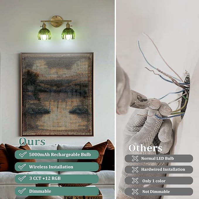 Shenmoyl Battery Operated Bathroom Light Fixtures, 2-Light Brass Vanity wall Light with 5000mAh Rechargeable Bulb Over Mirror with Green Tulip Glass Shade for Bedroom Living Room