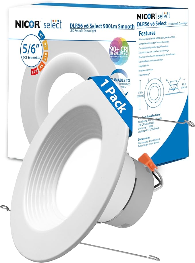 Recessed Ceiling Lights LED Downlight - 5/6 inch LED Recessed Light Fixtures - Selectable CCT 2700K-5000K, 918 Lumens, 10.3W - DLR56 Retrofit Ceiling Light, White Baffle, 1-Pk by NICOR Lighting