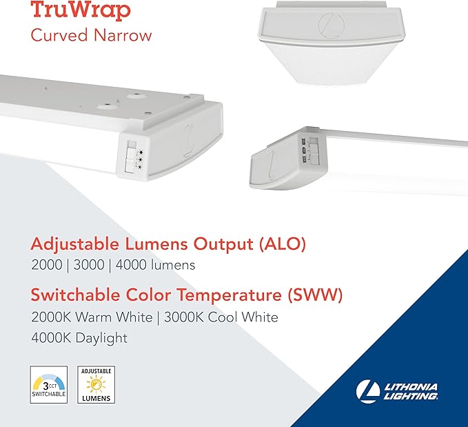 Lithonia Lighting TruWrap 4 Foot LED Ceiling Light Fixture, Low-Profile Wraparound LED Shop Light, Adjustable Lumens, Selectable Warm White/Cool White/Daylight Color, Curved Diffuser, Narrow Width