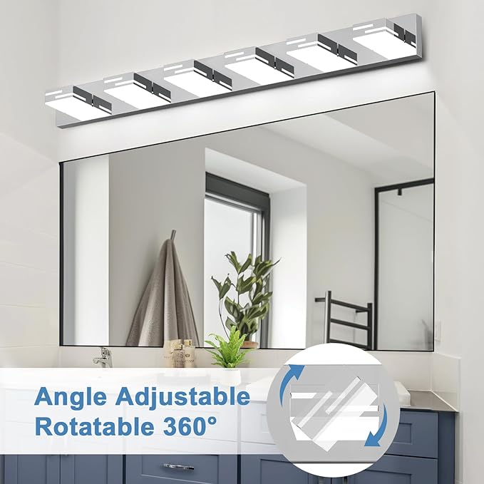 LED Modern Bathroom Vanity Light Fixtures, 6-Light 40-inch Dimmable Chrome Vanity Lights for Bathroom Lighting Fixtures Over Mirror, with 360° Rotatable Heads (Cool White 6000K)