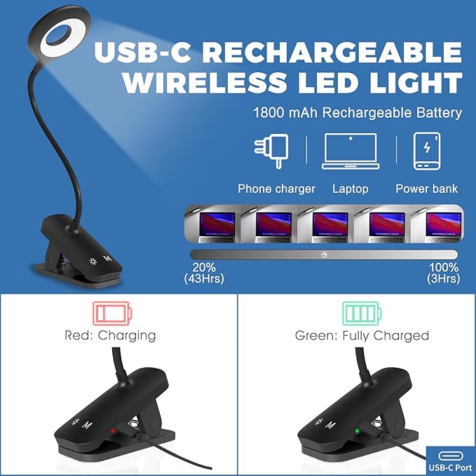 CUHIOY Clip on Reading Light for Bed Headboard, 5 Colors 5 Brightness Desk Lamp with Strong Clamp, USB-C Rechargeable Gooseneck Night Light for Kids Bunk Bed Shelf, Perfect for Reading & Working