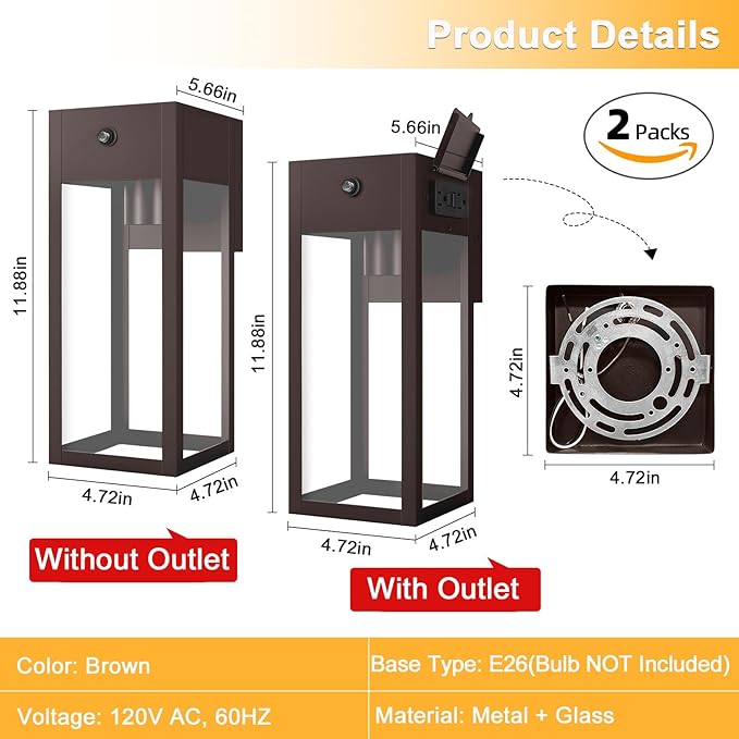Dusk to Dawn Outdoor Light Fixtures Wall Mount, Outdoor Porch Lights with Outlet, Dusk to Dawn Outdoor Lighting for Doorway, Garage- Bronze