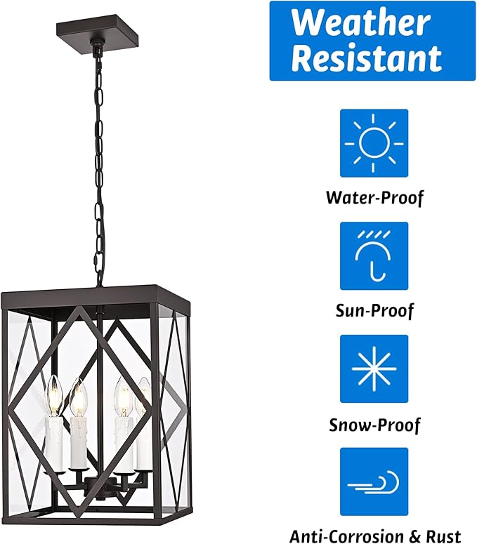 Exterior Hanging Lantern Porch Pendant Lights with Clear Glass Oil Rubbed Brozne Outdoor Pendant Light Adjustable Outside Chandelier Ceiling Mount or Front Porch Entrance Patio Foyer, 4 Light