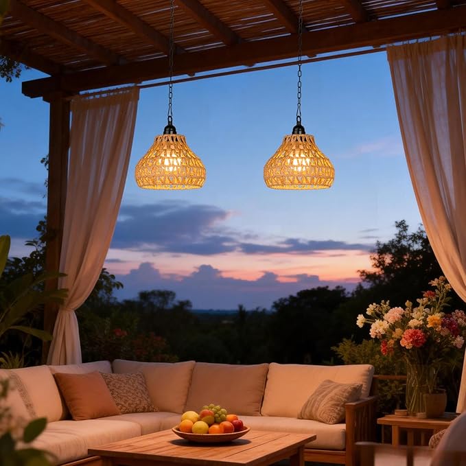 Rechargeable Hanging Pendant Lights, 2 Pack Battery Operated Outdoor Chandelier with Remote, No Wiring for Outdoor Patio, Gazebo, Porch Decor