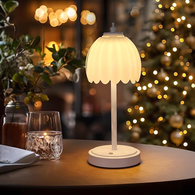 Shenmoyl Tulip Table Lamp with 5200mAh Battery & Touch Control, Cordless Small Table Lamp with 3 Colors, Dimmable Rechargeable Table Lamps for Living Room, Bedroom, Bedside (White Tulip & White Base)