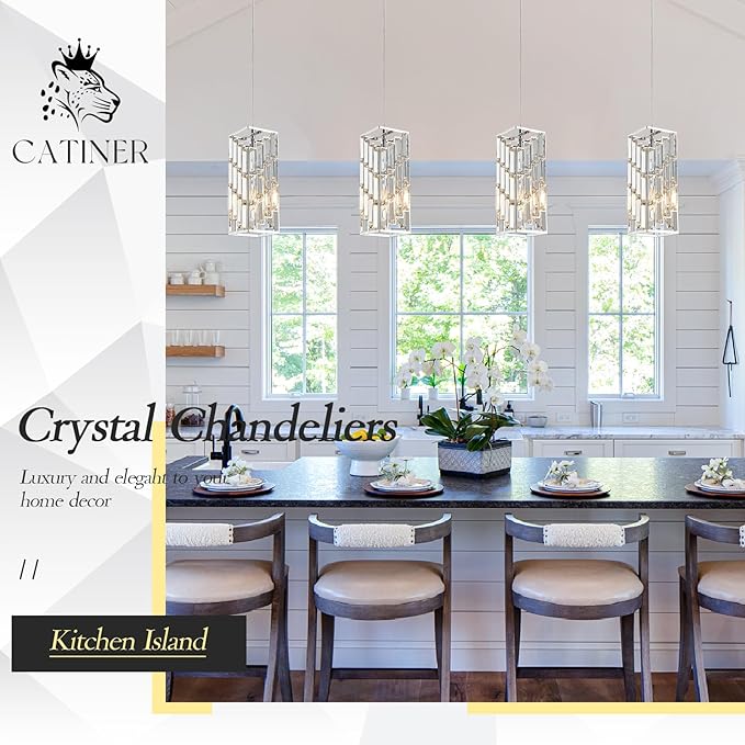 CATINER Chrome Crystal Pendant Light, Mini Hanging Pendant Lighting Fixture with Adjustable Cord, Modern Silver Pendant Light for Kitchen Island, Dining Room, Bedroom, Hallway, E26 Base (1 Pack)