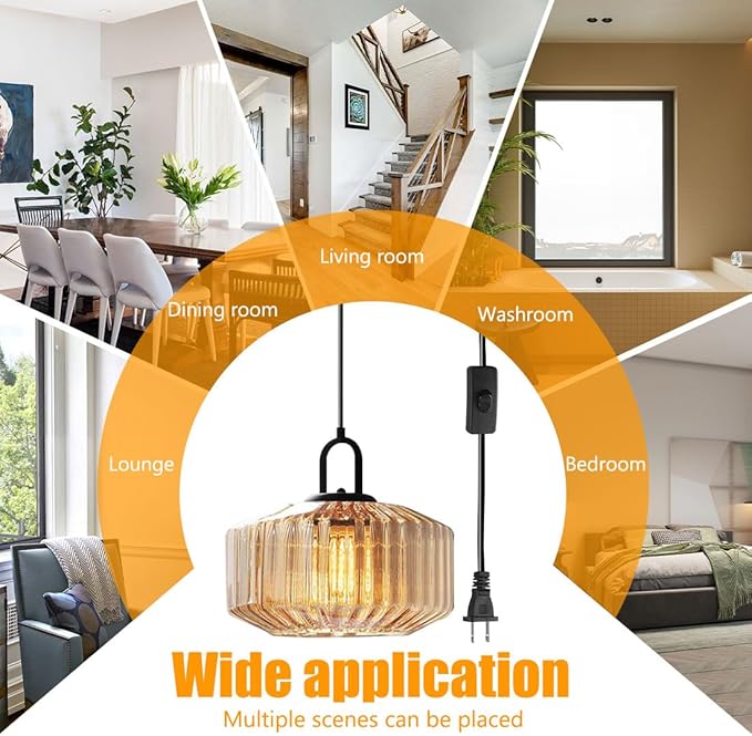 Amber Plug in Pendant Light, Hanging Lamps for Living Room Plug in Glass Globe Pendant Light, Modern Plug in Cord Pendant Hanging Light with 14.7 ft Cord On/Off Switch Striped Glass Shade