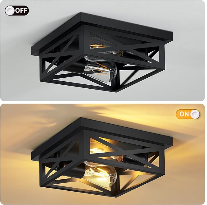 ZHU YAN Farmhouse Ceiling Lights Flush Mount,2-Light Hallway Light Fixtures,Square Black Flush Mount Ceiling Light Fixture for Bedroom Living Room Kitchen Hallway E26