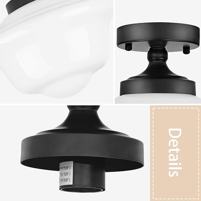 Bagood 8" Schoolhouse Light Fixtures Ceiling Black Schoolhouse Lights Fixture Mid Century Light Fixtures Milk Glass Lights Fixture Semi Flush Mount Ceiling for Bathroom Kitchen (Bulb Incl.)