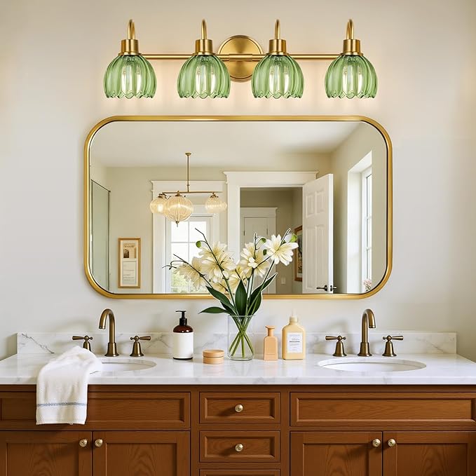 4-Light Bathroom Light Fixtures, 27" Brushed Gold Vanity Lights for Bathroom with Ribbed Green Tulip Glass Shade, Vintage Bathroom Vanity Lighting Fixtures Over Mirror for Bedroom Living Room Hallway