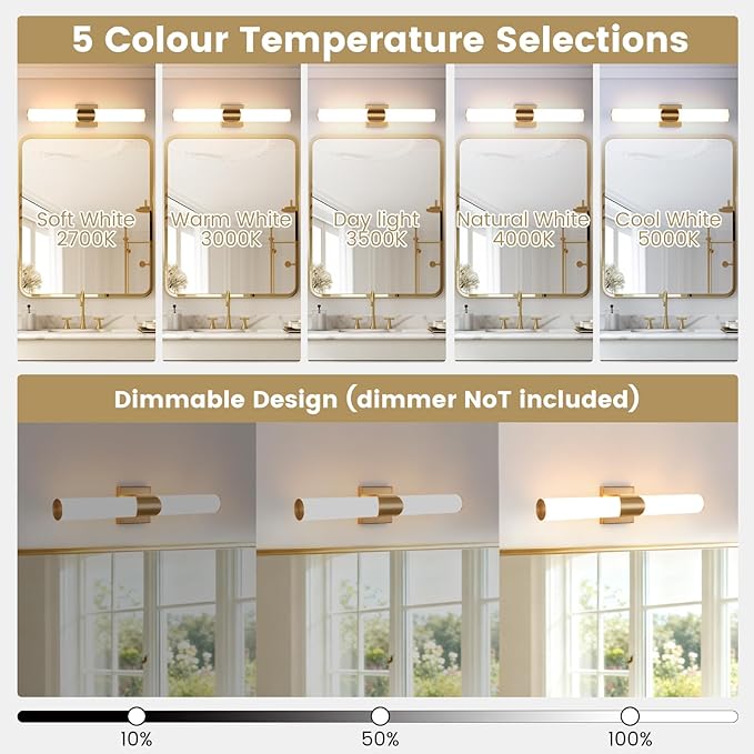 Modern Gold Wall Sconce 22 Inch Dimmable Bathroom Sconces 5CCT Led Wall Lights with Acrylic Shade Hardwired Long Vanity Lighting Fixtures Over Mirror for Bedroom Living Room