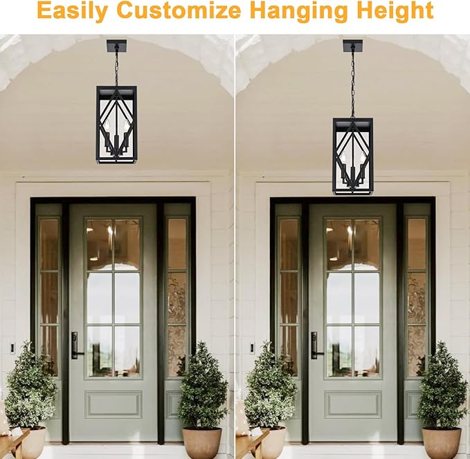 15.7'' Outdoor Pendant Light for Porch 3-Lights Metal Black Outdoor Chandelier Exterior Hanging Porch Light Fixtures w/Clear Glass, Outside Pendant Lantern for Front Door Entryway, E12 Base