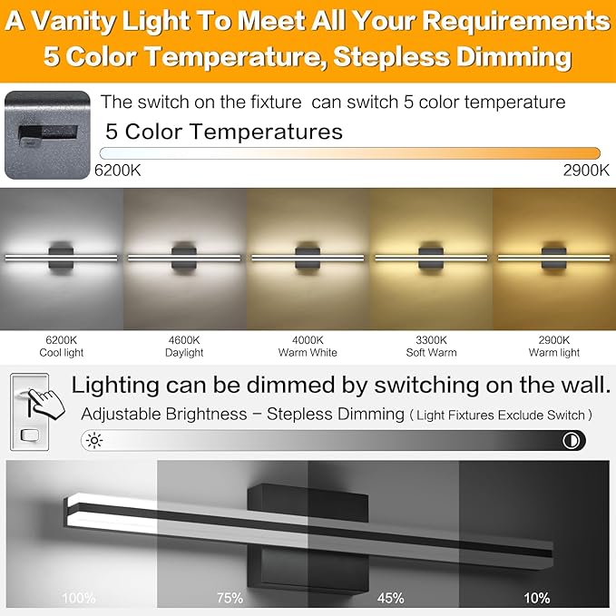 SOLFART Bathroom Light Fixtures Over Mirror Dimmable 5CCT Modern LED Black Vanity Light 24 Inch Wall Lights